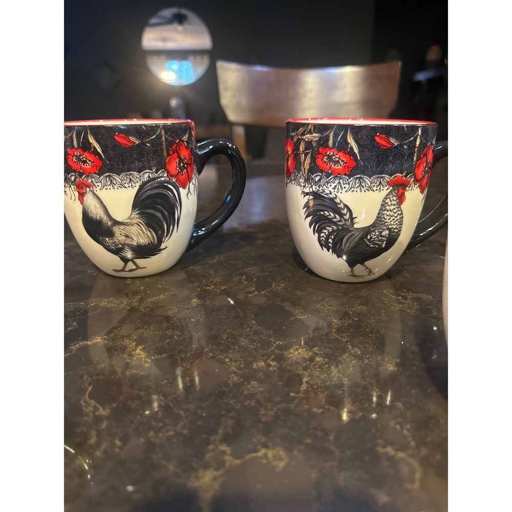 Set of 4 Cracker Barrel Rooster and Red Poppy Ceramic Coffee Mugs French Country